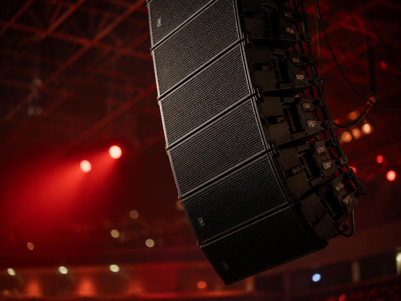 Line array loudspeakers flown for a live event