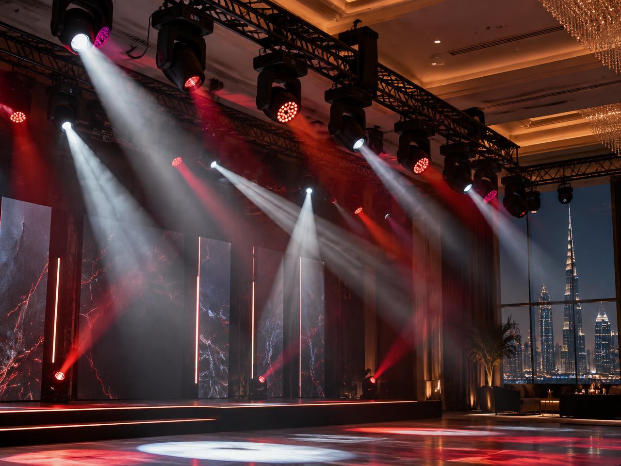 Professional moving-head lighting rig in a Dubai venue