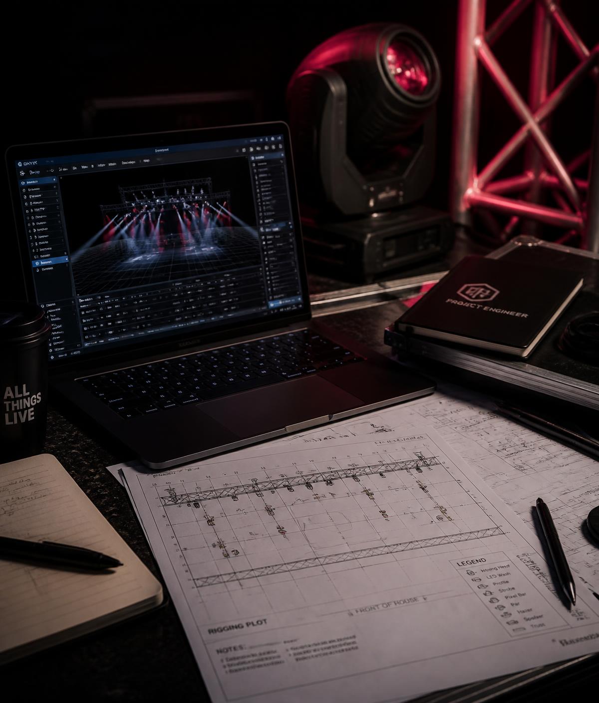 Rigging plot, lighting design software and a moving head fixture on a project engineer's desk